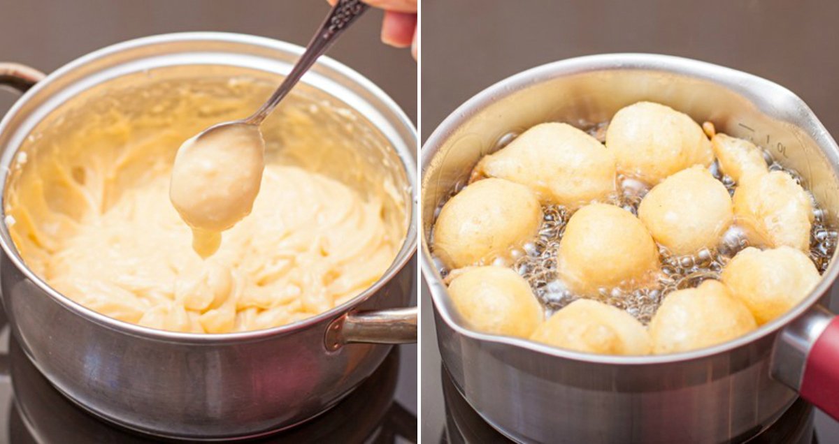 обжаривание заварных пончиков во фритюре