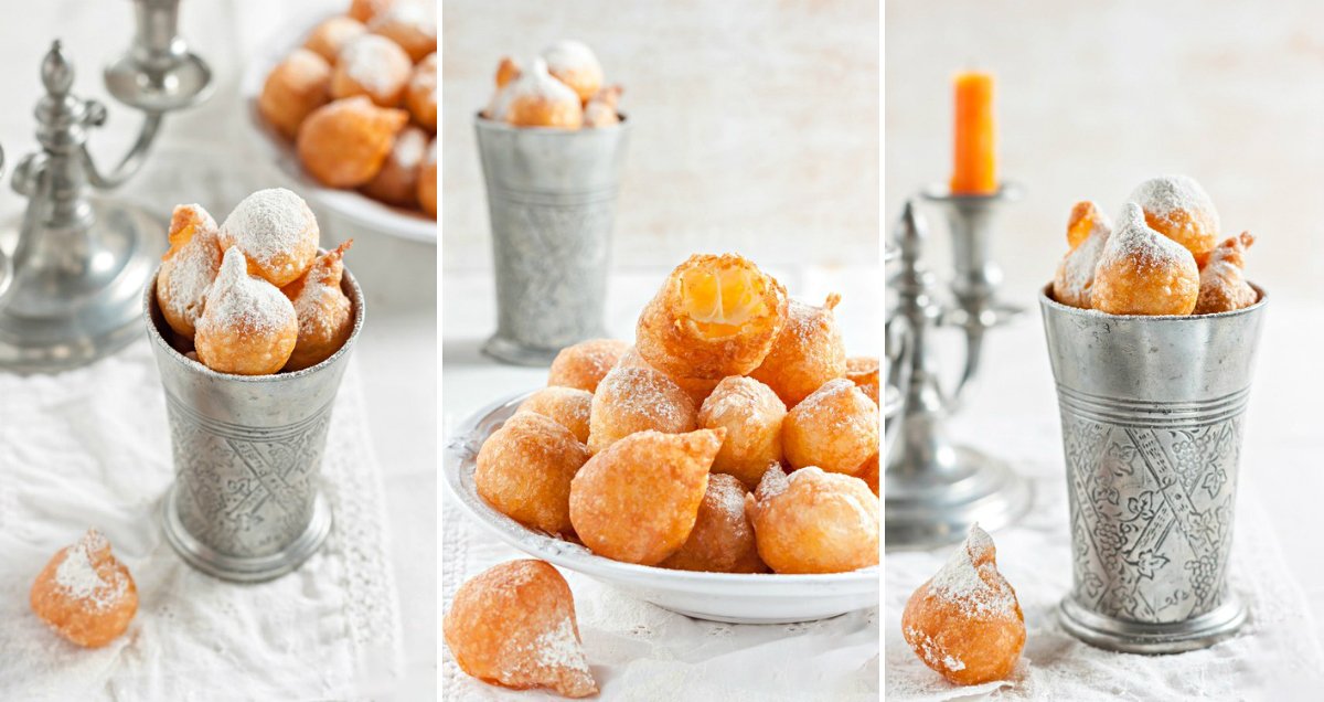 готовые заварные пончики с сахарной пудрой